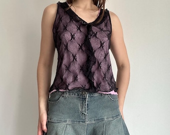 Lace Mesh Top – Black Pink Y2K Ruffle Blouse Coquette Goth Style