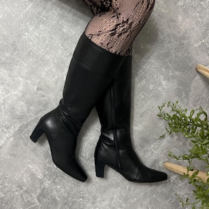 Vintage Black Leather Knee-High Boots – Square Toe Minimalist Heels
