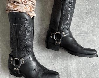 Leather Biker Boots Black Western Cowboy Statement Shoes