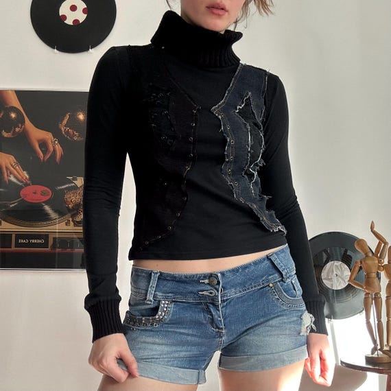 Y2K Deconstructed Top – Patchwork Denim, Grunge T… - image 1