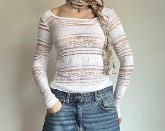 Lace Mesh Top Sheer White Long Sleeve Coquette Romantic Layering