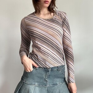 Striped Mesh Top Sheer Fitted Long Sleeve Nude Y2K Minimalist