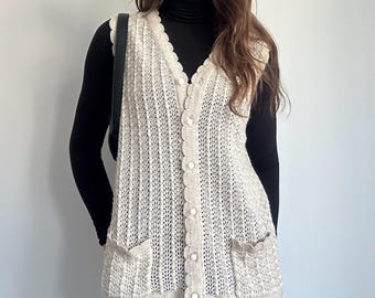 Knit Vest Vintage – Cream Button Up Crochet Layering Cottagecore Look