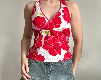 Y2K Halter Top Floral Red Summer Tank 2000s Beach Outfit