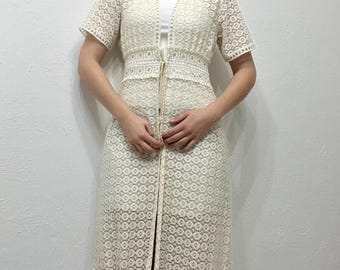 Lace Boho Dress Cream Crochet Midi Romantic Cottagecore Summer