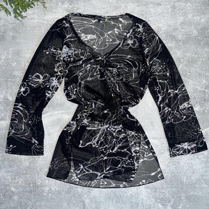 Y2K Sheer Mesh Floral Blouse – Black White See-Through Long Sleeve Top Size S – Grunge Fairycore