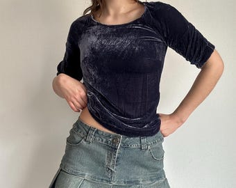 Velvet Minimal Top – 90s Soft Velour Long Sleeve Chic Basic