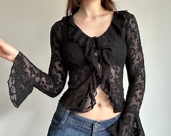 Sheer Lace Top Black Ruffle Blouse – Y2K Grunge Indie Sleaze