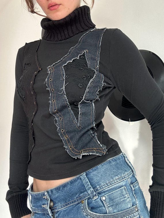 Y2K Deconstructed Top – Patchwork Denim, Grunge T… - image 6