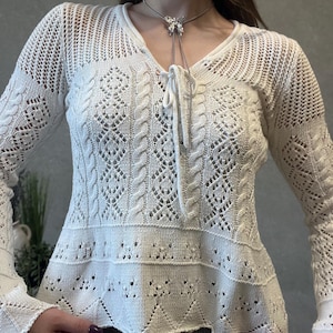 Ivory Knit Crochet Lace Cardigan Top – Romantic Boho Cottagecore Style