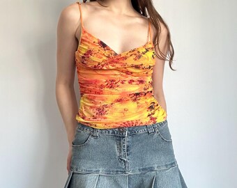 Ruched Cami Top – Y2K Orange Mesh Going Out Sexy Tank