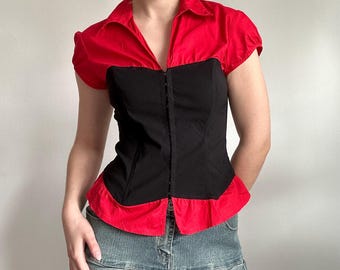 Corset Shirt Top Red Black Fitted Blouse – Y2K Office Siren Style