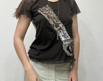 Sheer Mesh Top - Y2K Grunge Graphic Tee with Sheer Sleeves