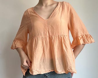 Silk Boho Blouse Peach – Soft Girl Flowy Ruffle Babydoll Top