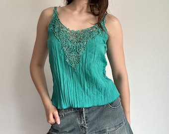 Embroidered Cami – Turquoise Y2K Boho Fairy Lace Summer Top