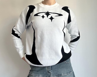 Grafik Pullover Weiß Schwarz Y2K Strick Top
