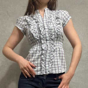 Plaid Ruffle Button-Up Blouse
