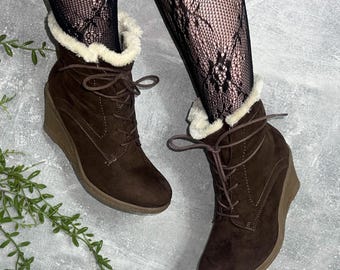 Fur Lined Boots – Faux Suede Wedge Ankle Cozy Winter Casual Style