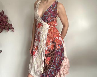 Vintage Silk Asymmetrical Patchwork Wrap Dress