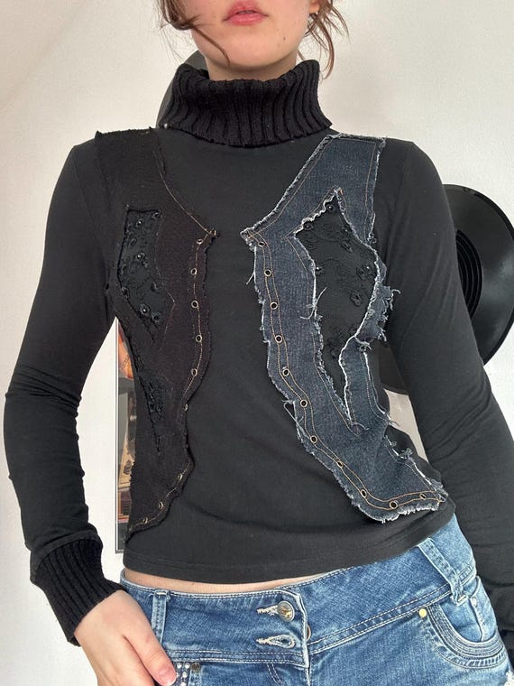 Y2K Deconstructed Top – Patchwork Denim, Grunge T… - image 2
