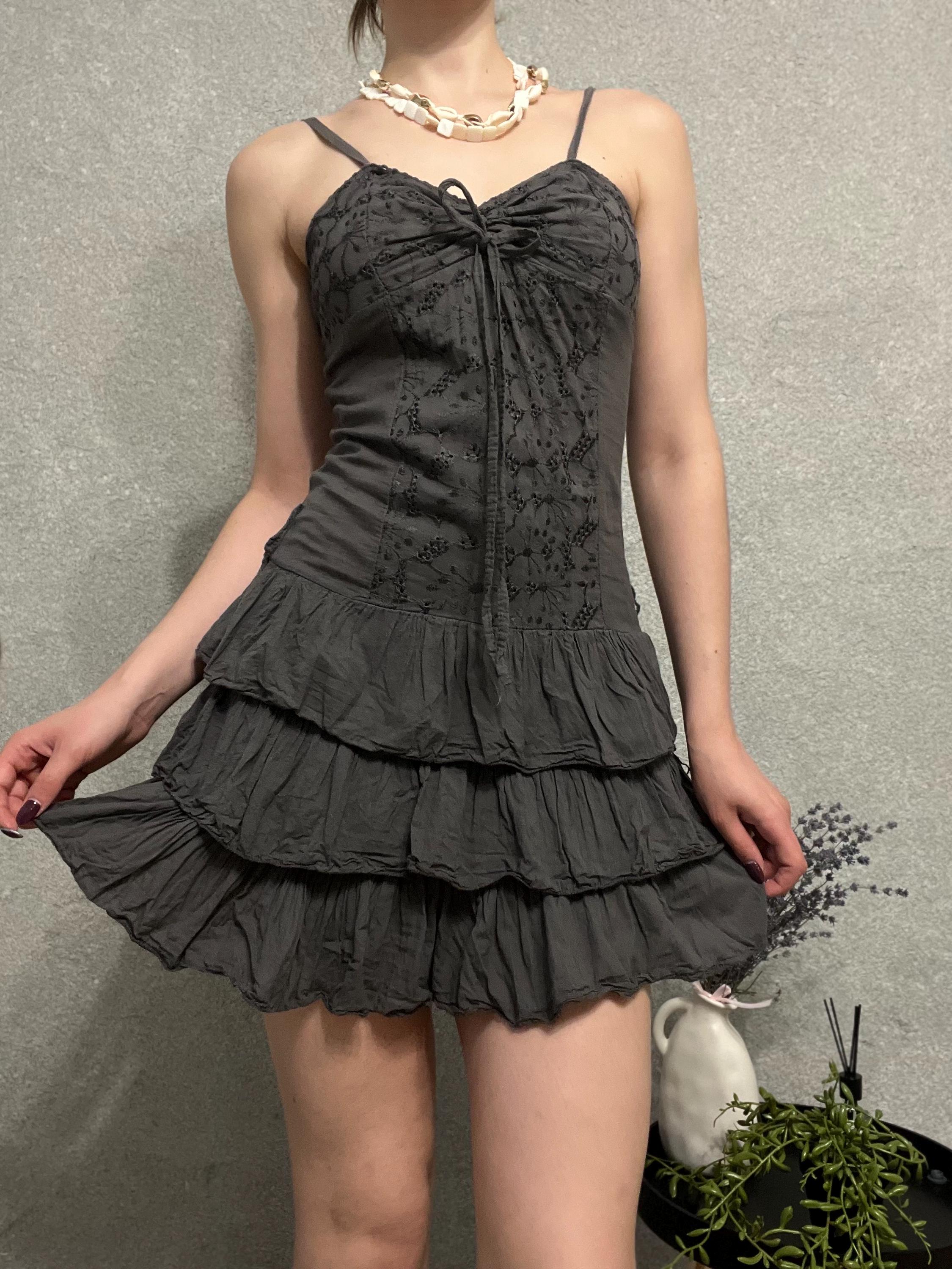 ダークチャコールのフリル付きボヘミアンミニドレス - イタリア製