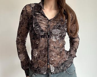 Sheer Lace Blouse – Romantic Coquette Floral Mesh Button Top