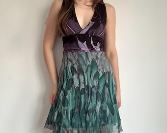 Silk Fairy Dress – Purple Green Botanical Midi Boho Summer Look