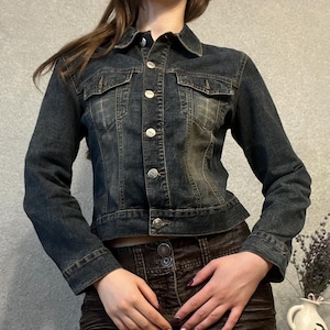 Vintage Y2K Dark Blue  Denim Jacket – Fitted Waist – Cropped Jean Jacket – 2000s Streetwear