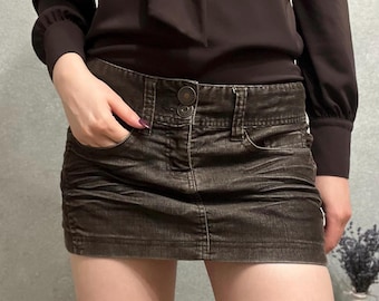 Vintage Brown Corduroy Mini Skirt – Y2K Low Rise Ruched Micro Skirt