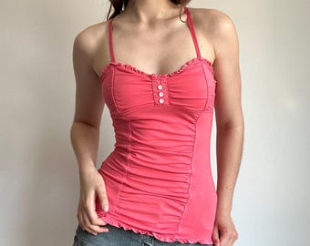 Y2K Pink Top Ruched Cami - Sexy Fitted 2000s Feminine Tank