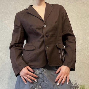 Vintage Brown Linen Blazer with Embroidered Detail – Size M