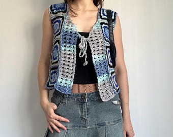 Crochet Knit Vest – Blue Boho Granny Square Festival Layer