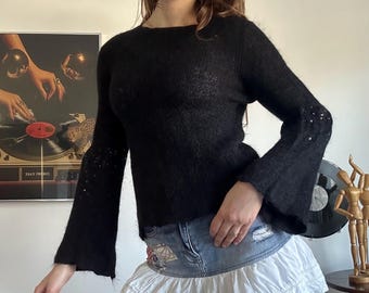 Black Sheer Knit Bell Sleeve Top — Y2K Grunge