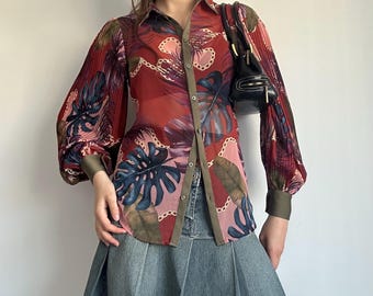 Sheer Printed Shirt – Y2K Tropical Mesh Blouse Sexy Going Out Top