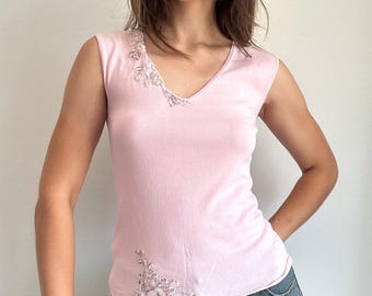 Pink Beaded Top Dreamy Coquette Romantic Tee