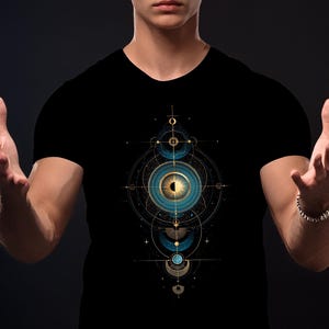 Camiseta Alinhamento Celestial Geométrico | Design de Constelação e Orbe Cósmico