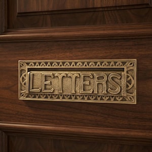 Könnte beinhalten: Ein rechteckiger Briefschlitz aus Messing mit dem Wort "LETTERS" in einer Serifenschrift geprägt. Der Schlitz ist in eine dunkelbraune Holztür eingelassen. Das Messing hat einen verzierten, dekorativen Rand.