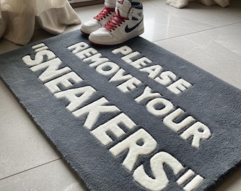 Hand Tufted Wool Blend Rug | "Remove Your Sneakers" Typography