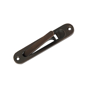 May include: A bronze-colored recessed pull handle with a rectangular base and a curved lever. The handle has two small holes for mounting and a circular indentation. The lever is in the open position.