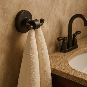 Pode incluir: Gancho de toalha com acabamento bronze, com dois ganchos, montado na parede. Uma toalha fofa de cor creme pende do gancho. A peça de banheiro está perto de uma pia e de uma torneira.