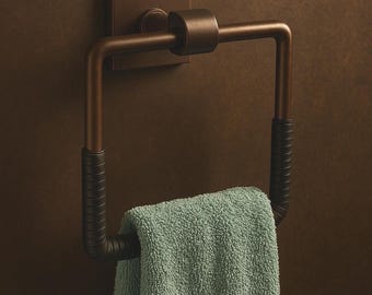 RWARE Store Noir Leather-Wrapped Solid Bronze Square Towel Ring