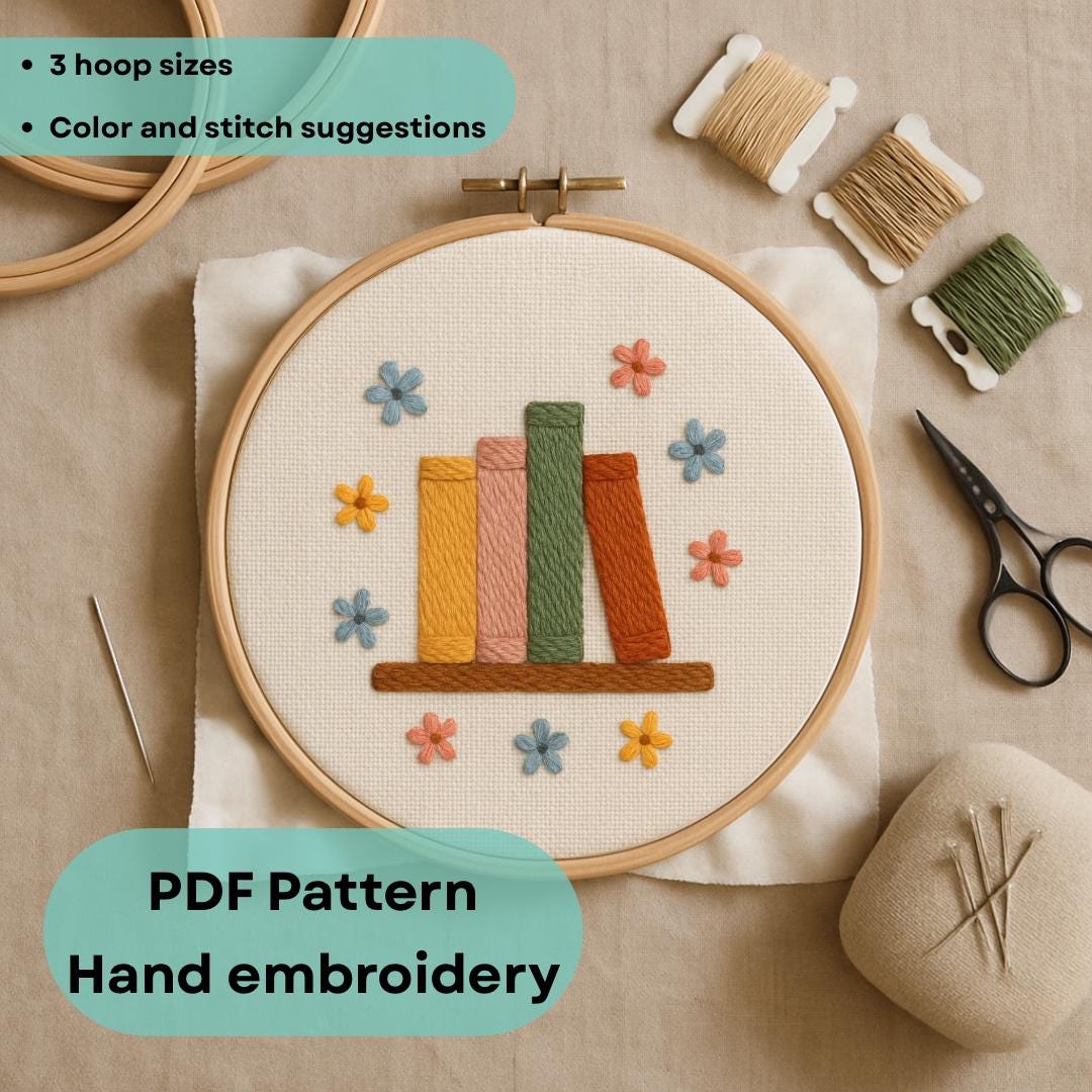 Bookshelf Embroidery Design – Floral Shelf Hand Embroidery PDF ...