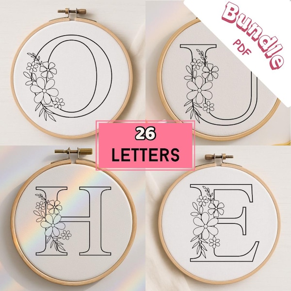 Stick and Stitch Alphabet Letter Embroidery Patterns – Bundle - Beginner DIY - PDF floral embroidery pattern