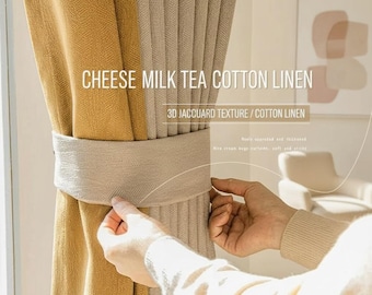 Cheese Cream Patchwork Linen Cotton Blackout Curtain, Warm Beige Color Block Drapes, Cozy Room Darkening Panel