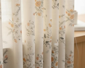 Cortina de voile floral de mezcla de lino, cortinas transparentes de estilo rústico, panel de ventana semitransparente de estilo campestre.
