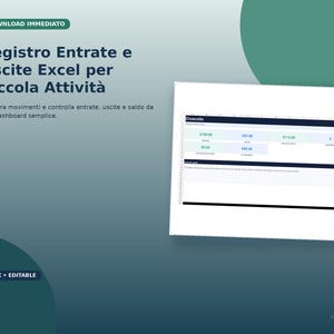 Può includere: Un modello di foglio di calcolo Excel digitale per il monitoraggio di entrate e uscite per piccole attività. L'interfaccia presenta una dashboard con riquadri di riepilogo finanziario, inclusi dati numerici e simboli di valuta.