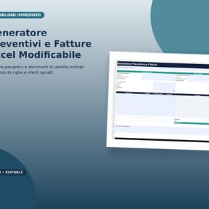 Può includere: Un modello digitale per un generatore di preventivi e fatture Excel modificabile. Il documento presenta un layout strutturato con campi per le informazioni del cliente, descrizioni, quantità, prezzi unitari e una sezione per il totale.