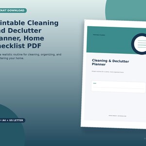 Può includere: Un documento PDF stampabile per la pianificazione delle pulizie e del riordino con un'intestazione color verde acqua e blu scuro, un'icona circolare con linee orizzontali, il titolo Cleaning & Declutter Planner e una riga vuota.