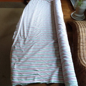 Vintage &viceversa 1970&#39;s Pink White Green Striped Cotton Duck Fabric 100&quot; x 54&quot;