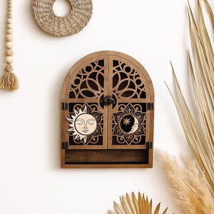 Armoire arche céleste - étagère lune et soleil pour cristaux, cartes de tarot, décor de sorcellerie, autel spirituel, espace sacré, étagère d'huiles essentielles